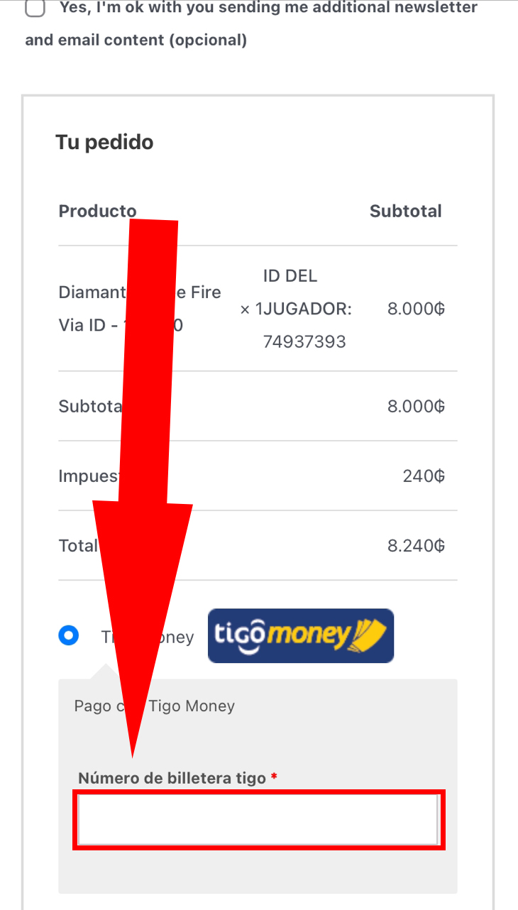 Selección de Billetera Tigo como método de pago