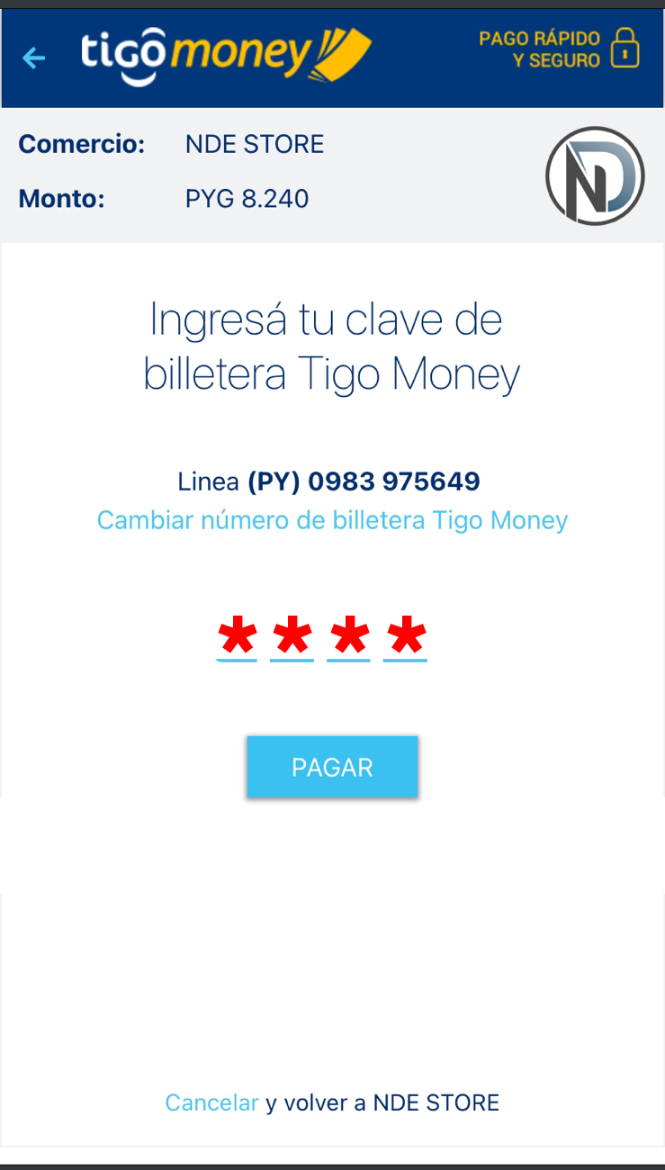 Ingresar PIN de billetera Tigo