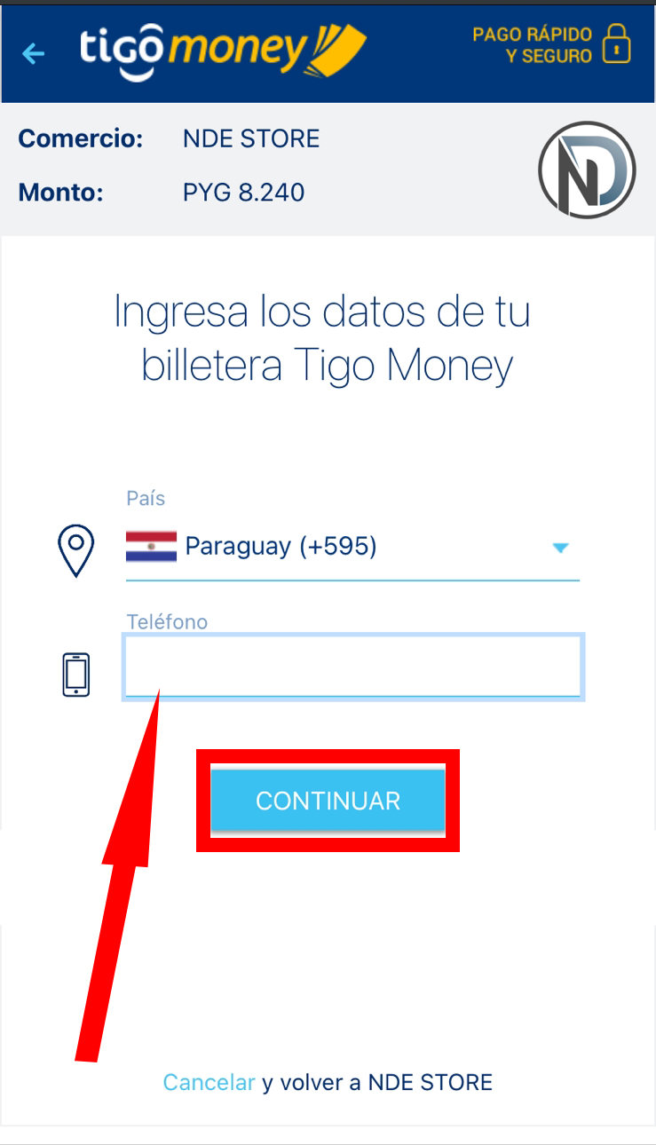 Ingresar número de billetera Tigo