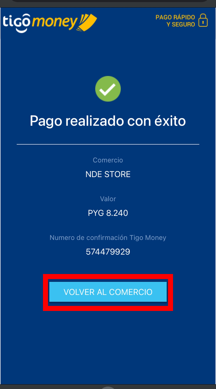Botón volver a comercio después del pago exitoso