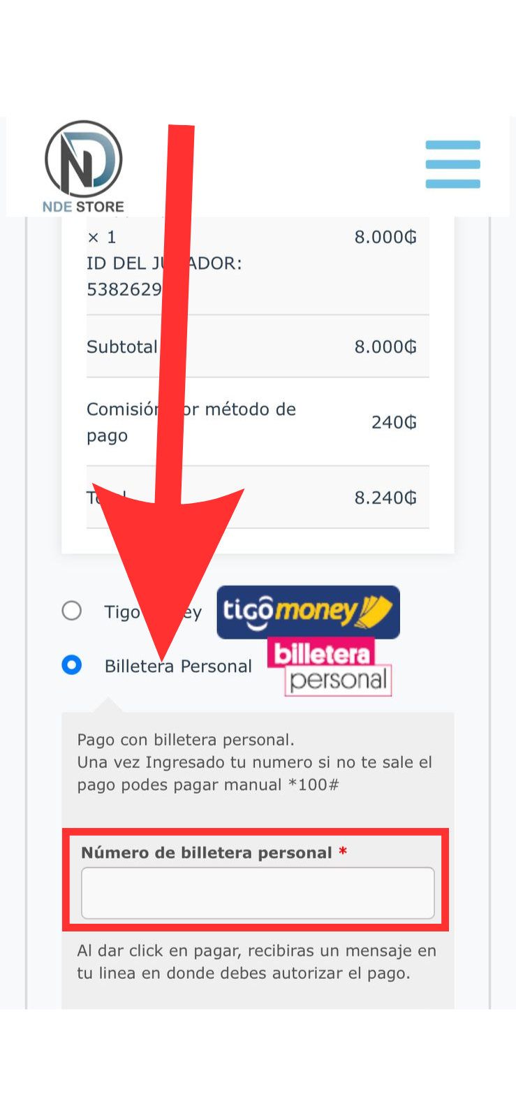 Selección de Billetera Tigo como método de pago